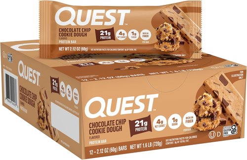 Quest Nutrition Protein Bars - Chocolate Chip Cookie Dough Flavor | High Protein, Low Carb, Gluten Free, 12 Count