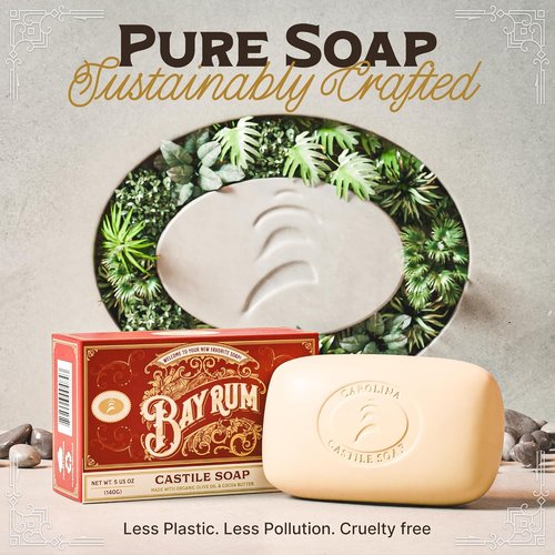 Carolina Castile Body Wash Bar Soap - Long-Lasting Natural Formula for Sensitive Skin | Vegan Bay Rum Scent, 5 oz