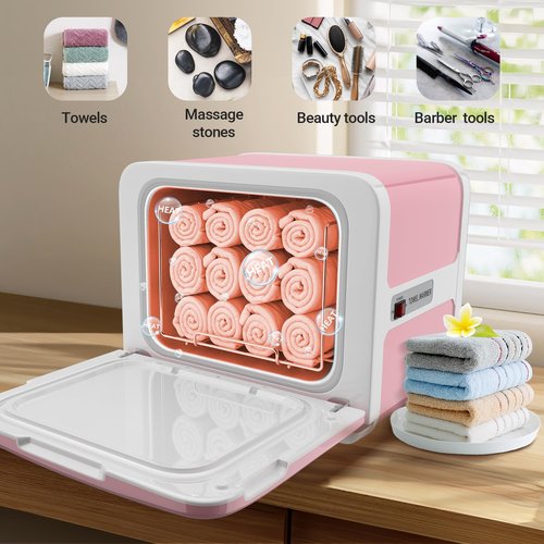 RyJaune Towel Warmer, 8.5L Towel Warmer Cabinet can Hold 12 Wet Facial Towels,Fast Heating with One-piece all-aluminum liner,Hot Towel Warmer Use for Spa,Hair Beauty,Salon - Pink