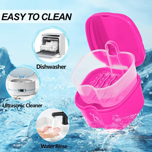 2 Pack Colors Denture Bath Case Cup Retainer Cleaner Holder Case False Teeth Soaking Container Dental Bath Storage Box Case with Strainer Basket and Brush - Rose Red & Black