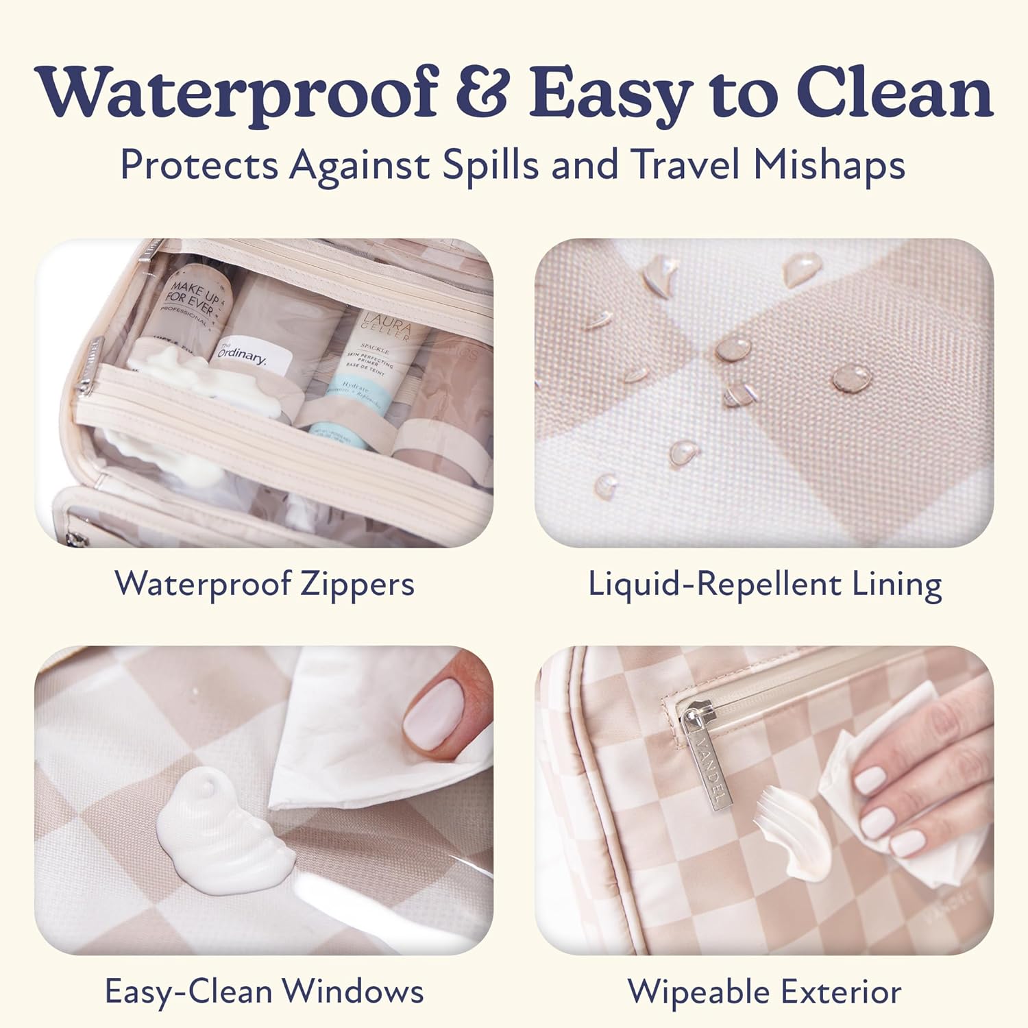 VANDEL Waterproof Hanging Toiletry Bag - TSA-Approved Makeup Organizer for Travel | Neutral Checker Design