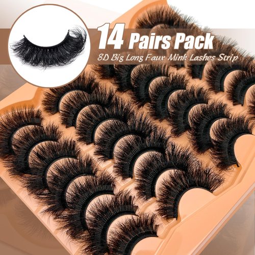 SISIYDY Mink Lashes Fluffy Dramatic Volume D Curl Big Lashes 20mm 25mm Long Cat Eyelashes Strips 14 Pairs Faux Mink Eyelash Pack Look Like Extensions For Full Eye Look YH203