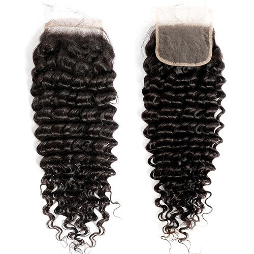 DSEKCAIN Closure Human Hair 5x5 HD Lace Closure Human Hair Closure Deep Wave Transparent HD 5x5 Lace Closure Deep Curly Closure RawVirgin Human Hair Pre Plucked Natural Black 1B Color 16 Inch