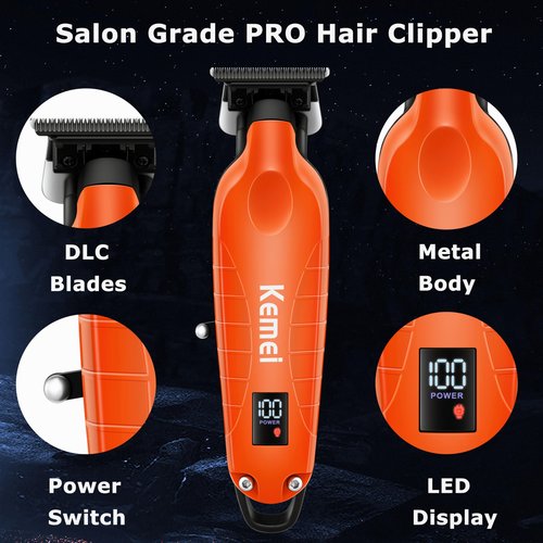 KEMEI 2293 Zero Gapped Hair Trimmer for Men, Cordless T Blade Beard Trimmer with LED Display, Professional Barber Hair Clippers, Orange