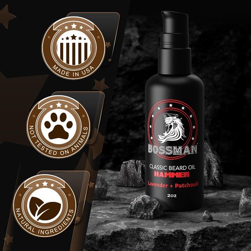 Bossman Organic Mustache & Beard Oil - Natural Moisturizer with Jojoba, Argan & Avocado Oils | 2 oz, Hammer Scent