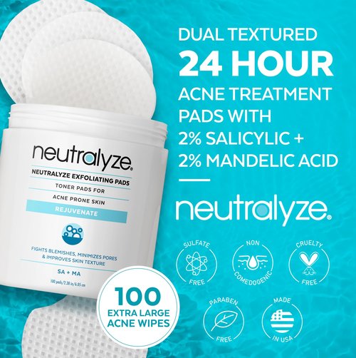 Neutralyze Exfoliating Acne Treatment Wipes - Maximum Strength, Textured Acne Pads with Mandelic Acid & Salicylic Acid for Face & Body - Suitable for All Skin Types, Teens & Adults (100 Wipes)