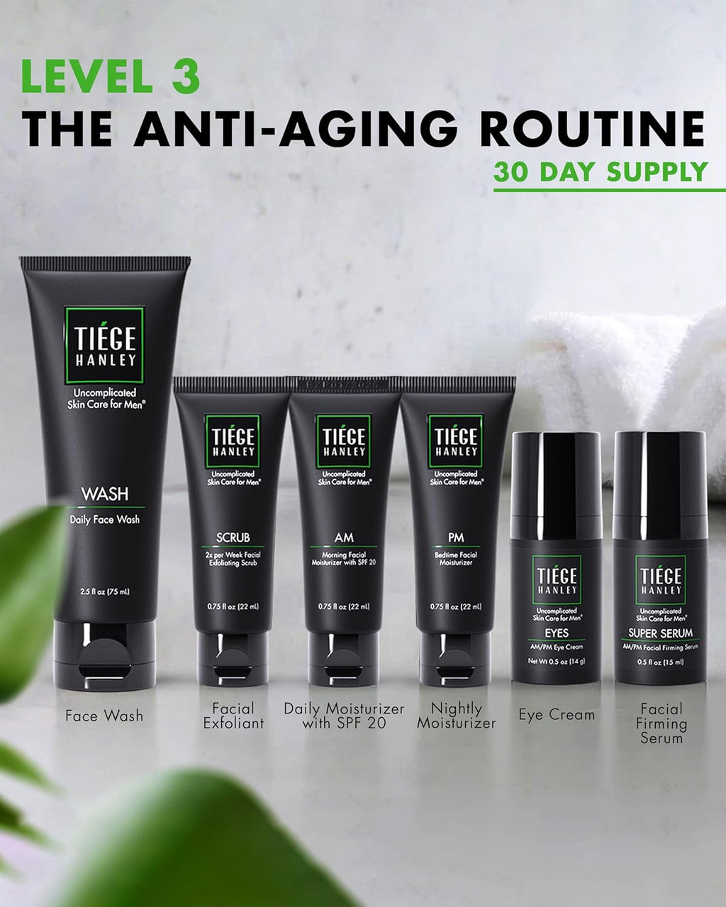Tiege Hanley Skin Care Set for Men - Anti-Aging Routine | Level 3 Daily Wash, Scrub, Moisturizers & Eye Cream