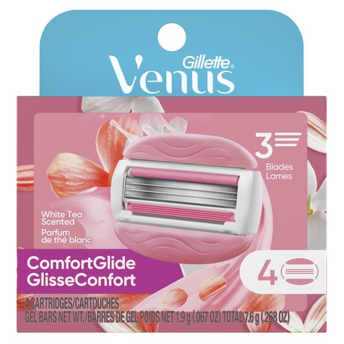 Gillette Venus ComfortGlide White Tea Women's Razor Refills, 4 Refill Cartridges, Fits Venus Reusable Razor Handles, 3-Bladed with Built-in Shave Gel Bars, Holiday Gifts for Women