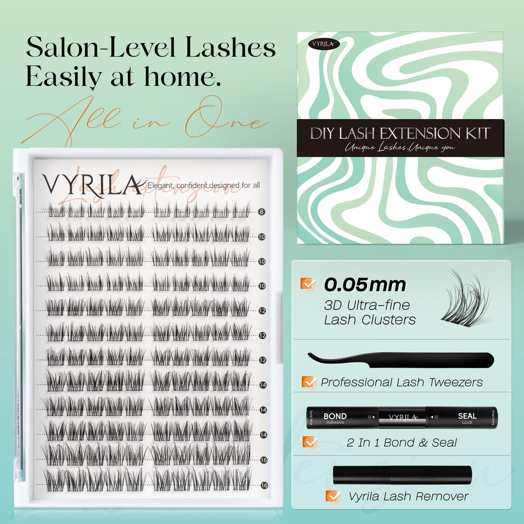 VYRILA Lash Clusters Kit 0.05mm Individual Lashes, 3D Wispy Lashes, 0.1mm Super Thin Band Resuable Natural Lashes,D Curl Faux Mink Lashes,120pcs Lash Extension (Green Charm-D-0.05-8-16mix-Kit)