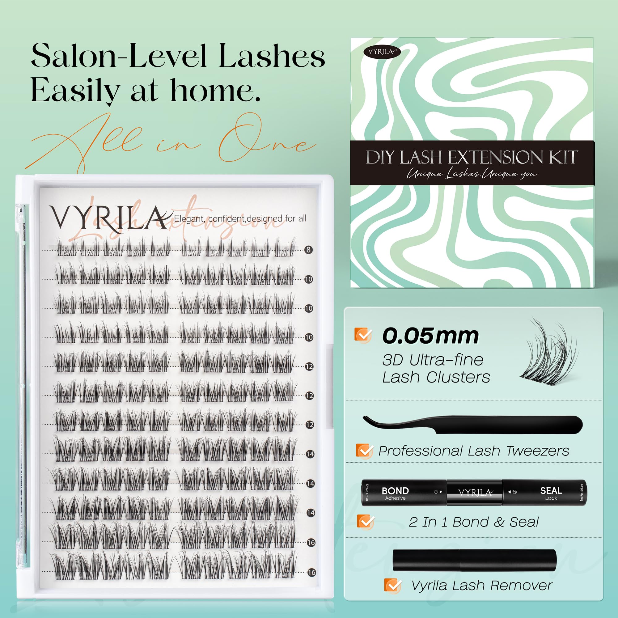 VYRILA Lash Clusters Kit 0.05mm Individual Lashes, 3D Wispy Lashes, 0.1mm Super Thin Band Resuable Natural Lashes,D Curl Faux Mink Lashes,120pcs Lash Extension (Green Charm-D-0.05-8-16mix-Kit)