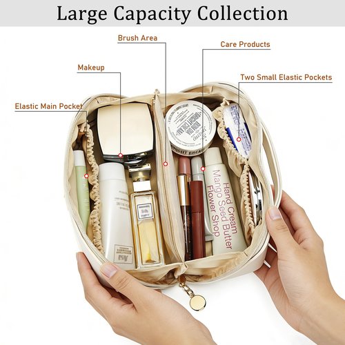 CLOUDWINGS Initial Makeup Bag Gifts for Women Bridesmaid Gifts Travel Toiletry Personalized PU Leather Waterproof Cosmetic Bag (Medium-Beige-K)