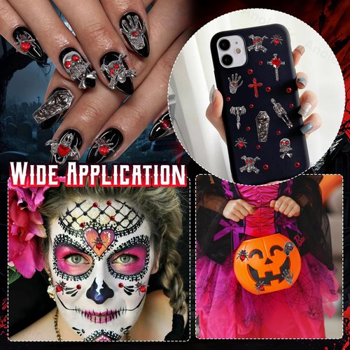 Halloween Nail Charms and Gems, Mixed Cross Spider Skull Hands Tombstone Dark Ghost Alloy Punk Halloween Charms for Nails, Black Red Gems Rhinestones for Acrylic Nail Art DIY Supplies