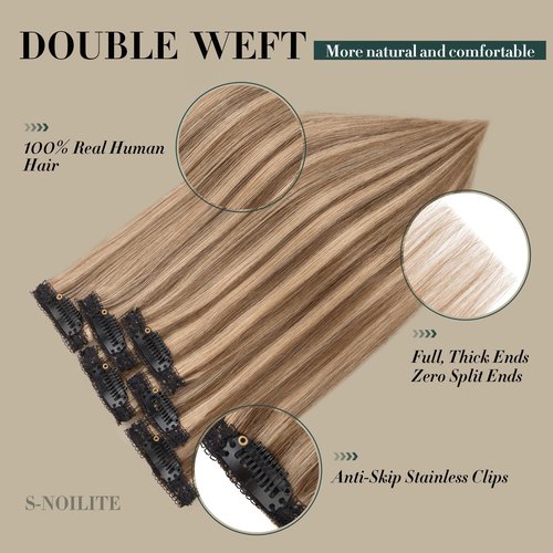 Short Hair Extensions Clip ins,S-noilite Short Clip in Hair Extensions Real Human Hair,Mini Hairpieces for Add Volume and Highlights,6 Pieces 33g 12 inch Medium Brown Mixed Dark Blonde