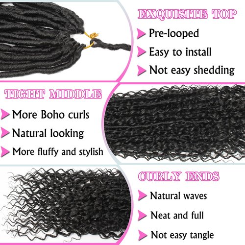 Goddess Locs Crochet Hair 18 Inch Faux Locs Crochet Pre-looped Boho Faux Loc with Curly Ends 8 Packs Long Bohemian River Loc Crochet Hair for Black Women(18Inch,1B#)