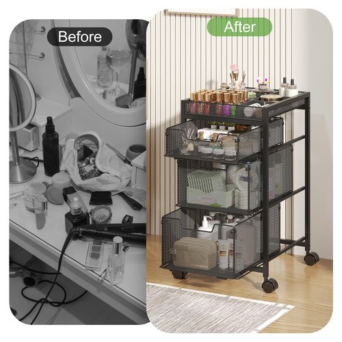 JKsmart Rolling Makeup Cart Organizer with 3 Drawers, Cosmetics Display with Dividers, Floor Skincare Storage with Wheels, Versatile Vanity Organizer for Nail Polish Perfume Brush Hair Tool, Black