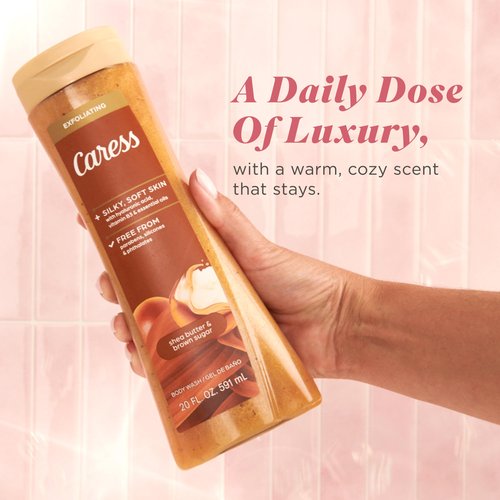 Caress Body Wash for Women, Shea Butter & Brown Sugar, Hydrating and Exfoliating Shower Gel for Gorgeous Radiant Skin, 20 fl oz, 4 Pack