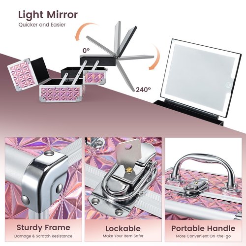 Faquenc Makeup Case with Lighted Mirror Travel Makeup Organizer Box Portable Lockable 2 Trays Cosmetic Train Case with LED Mirror for Girls Make up Nail Kits Sewing Vanity Storage Case, Shiny Pink
