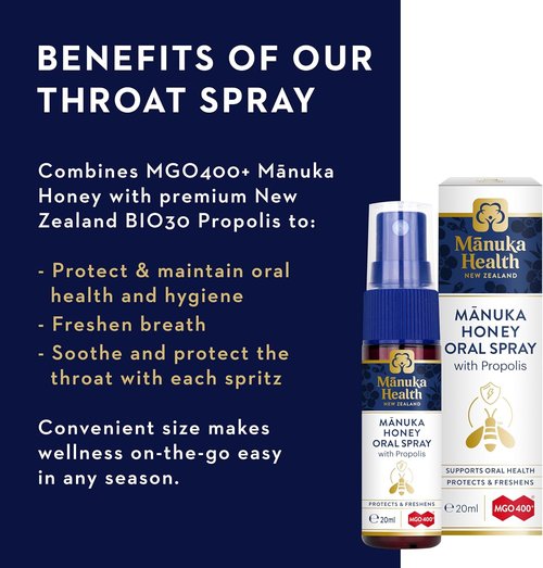 Manuka Health Manuka Honey Throat Spray - Protects & Freshens with Propolis, 0.67 fl oz, MGO 400+