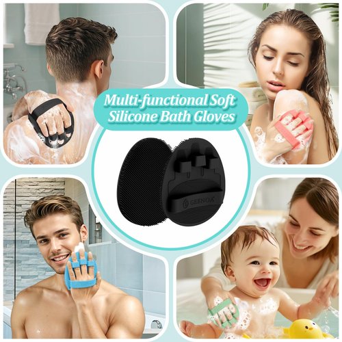 GEENOA Silicone Back Scrubber & Bath Glove Set 2PCS, 13.4'' Gentle Shower Back Scrubber with Dual-Side Head Non-Slip Handle, 360° Anti-Slip Hand-fit Bath Glove for Rich Foaming Deep Cleaning(Black)