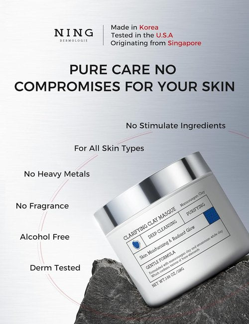 Ning Dermologie Clay Mask for Face | Triple Mud Formula Deep Cleans Pores & Reduces Acne - 3.88 Oz