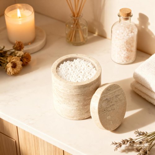 Natural Marble Canister - Elegant Cotton Swab Holder with Lid | Beige White Travertine Design