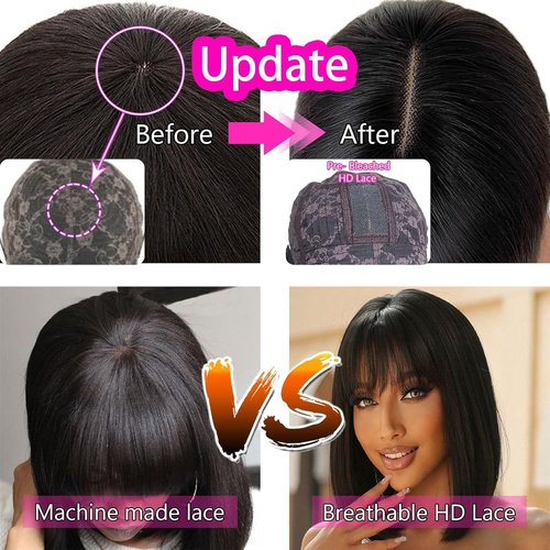 Tryfey Bob Wig Human Hair Glueless Bob Wig with Bangs Human Hair Straight 3x1 Transparent Lace Closure Bob Wigs for Black Women Natural Black 12 Inch