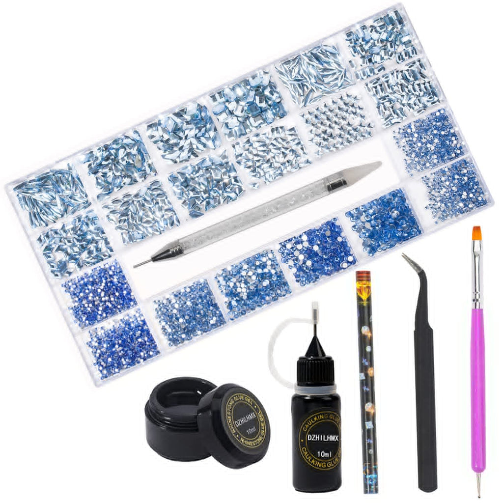 DZHILHMX Nail Rhinestones - 4300pcs Light Blue Crystals, Multiple Shape Gems, Flat Back Rhinestones, with Kit and Glue Gel, for Nail Art Decoration