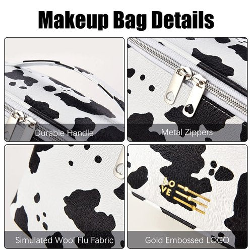 UOIXPUHUO Makeup Bag Cow Print Set of 2, Portable Cosmetic Bags Travel Toiletry Bag with Handle and Divider, Waterproof PU Leather Make Up Purse Pouch for Women Bathroom Girls