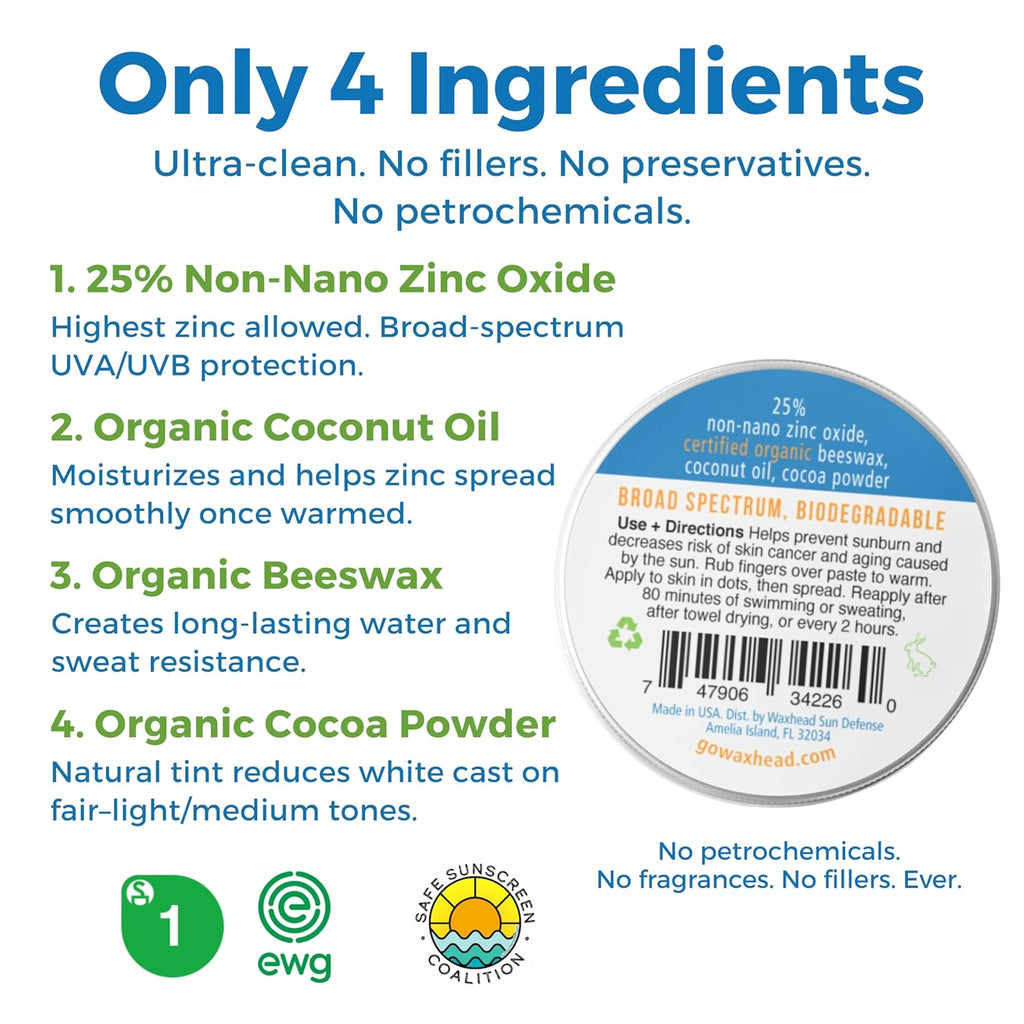 Waxhead Tinted Mineral Sunscreen SPF 30 - Reef-Safe Zinc Oxide Face Protection | Travel Size 2 oz Tin
