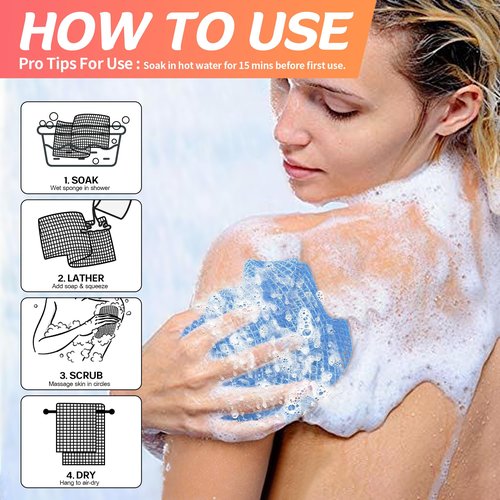 ACLMFUP African Net Bath Sponge for Deep Exfoliation, Reusable Washing Net for Luxurious Lather and Smooth Skin, Gentle Enough for Face and Effective for Body（Blue）