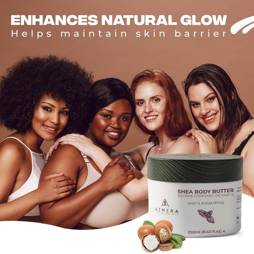 AZMERA Whipped Shea Body Butter - Refreshing Mint & Eucalyptus Moisturizer for Dry Skin | 8.82 oz Vegan Formula