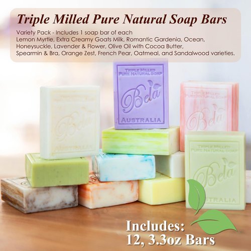 BELA Triple Milled Soap Variety Pack 3.3 OZ Pack of 12, Long Lasting French Triple Milled Bar Soap with Organic Shea Butter, Hand, Face and Body Soap Bar, Made in Australia