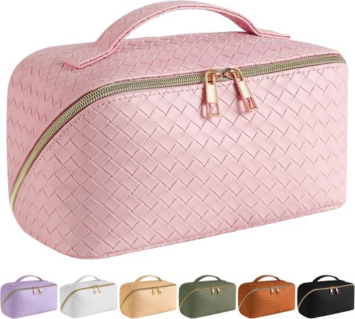 SFXULIX Large Capacity Travel Cosmetic Bag - Waterproof PU Leather Makeup Organizer | Pink with Handle & Divider