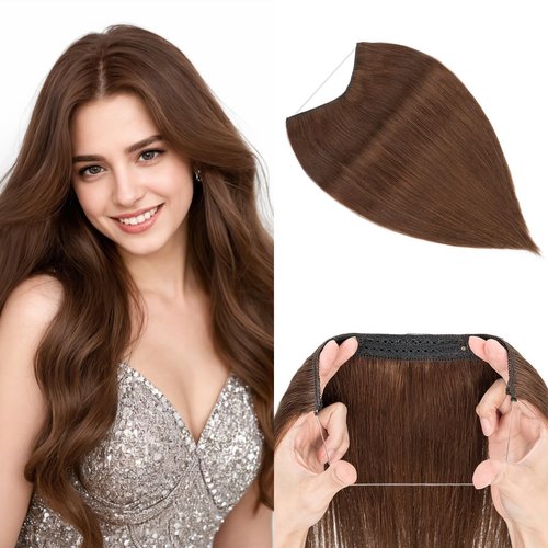 Halo Hair Extensions Real Human Hair, MY-LADY Adjustable Halo Extensions Real Human Hair, 12 inch Medium Brown Women's Long Straight Hair Invisible Wire Hair Extensions