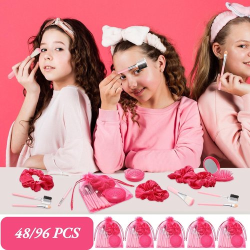 SiliFine Pink Girl Party Favors Girl Makeup Party Favor Party Supplies Set Includes Pink Gauze Bags, Hair Scrunchies, Foldable Mirror Hair Brushes, Makeup Brushes Toys(96 Pcs)