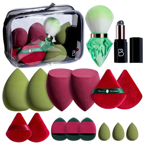BS-MALL 14 Pcs Portable Makeup Sponge Set With Diamond-shaped Kabuki Powder Brush - Makeup Sponge, Triangle Puff And Multi-functional Sponges For Liquid, Cream,With Travel Case (Green Red)