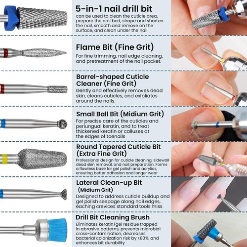 ESUOHYM 7PCS nail drill bits nail tech Sets Tungsten steel carbide Diamond for Acrylic Nails Poly Gel Cuticle Remove, 3/32'' Professional Nail Bits Set for E-Files for Manicure Pedicure, Home Salon