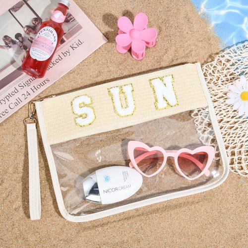 SOIDRAM SUN Bag Sunscreen Makeup Bag Chenille Letter Pouch Clear Travel Zipper Nylon Cosmetic SUN Pouch Organizer Sunscreen Toiletry Waterproof Summer Travel Gifts for Women
