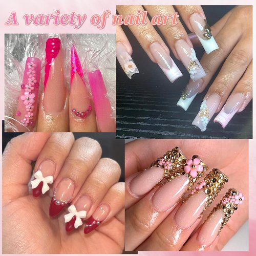LoveOurHome 3D Star Moon Heart Bow Charms Nail Decorations Kit - Bow-Knot Floral Nail Studs Rhinestone Pink White Pearl Beads Acrylic Nail Design Jewelry Supplies with Tweezer