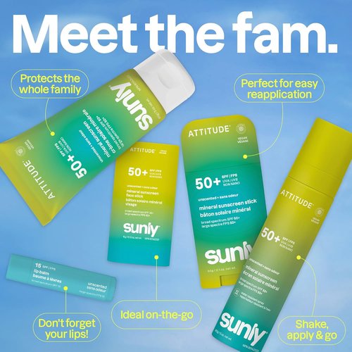 ATTITUDE Face Sunscreen Stick SPF 50 - Broad Spectrum Zinc Oxide, Lightweight & Vegan, 0.53 oz