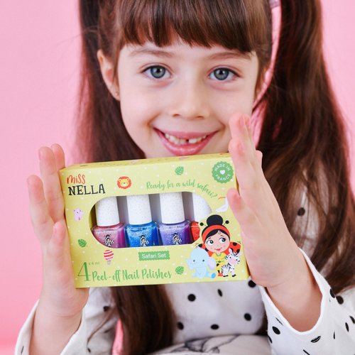 MISS NELLA SAFARI COLLECTION Glitter Nail Polish for kids, set of 4 glitter varnishes: pink, red, purple & blue, Peel- Off varnish for toddlers