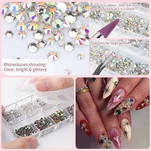 EARLMONI 5200PCS Nail Gems and Charms, AB Crystal Nail Rhinestones with Flatback Nail Pearls, Pick Up Tweezers, Rhinestone Picker Tool, Flat Back Nail Gems for Nail Art, Clothes, Face, Craft
