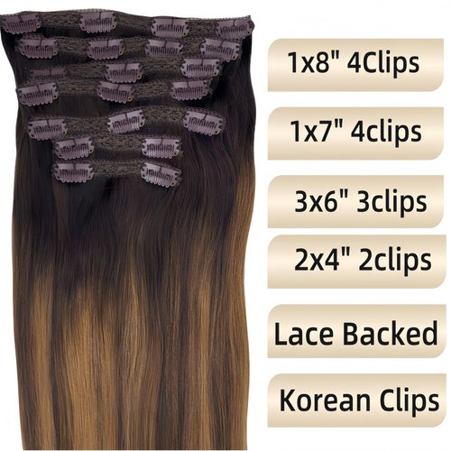 Eufficco Real Human Hair Lace Clip In Hair Extensions Thick ends Ombre Piano Color Dark Brown Roots/Chestnut Blonde 14inch 100g Highlights Balayage Double Wefted Silky Soft Human Hair Extensions