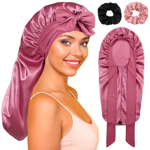 Long Bonnet with Tie Band, Satin Silk Hair Bonnet for Sleeping Women, Sleep Bonnets for Women, Silky Sleep Cap for Curly Hair Braids