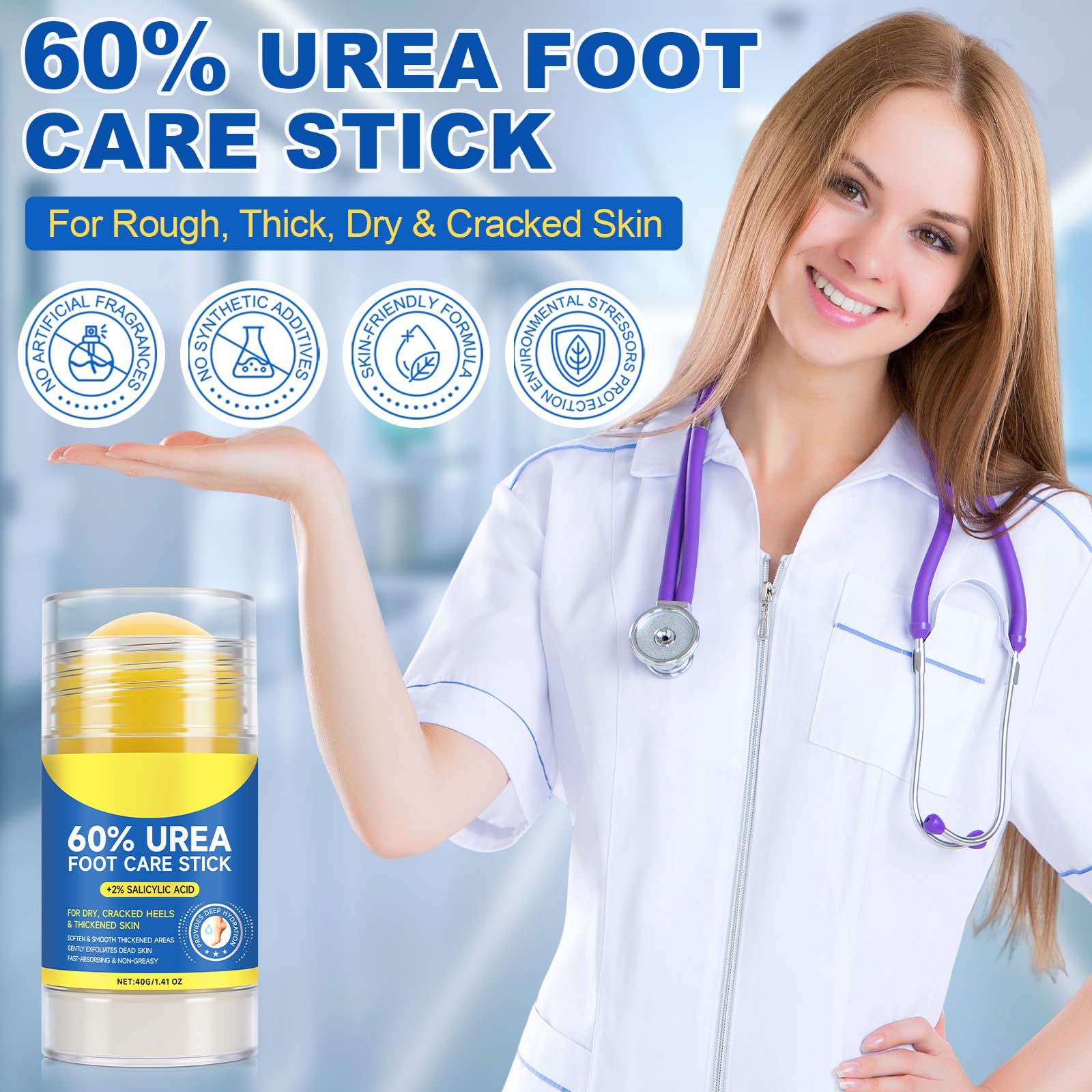 ZIXAOK 60% Urea + 2% Salicylic Acid Foot Repair Stick - Intensive Treatment for Dry, Cracked Heels & Calluses, Exfoliates Dead Skin, Moisturizes Feet, Knees, Elbows, All-in-One Care, 1.4 oz