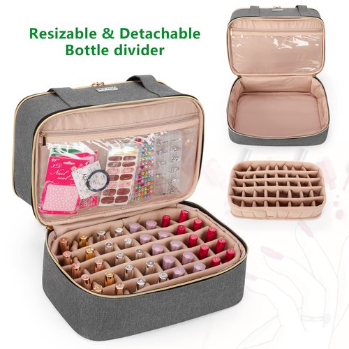 BAFASO Nail Polish Organizer Holds 40 Bottles (15ml - 0.5 fl.oz) and a Nail Lamp, Nail Polish Carrying Case with Manicure Tools Storage Sections (Bag Only), Gray