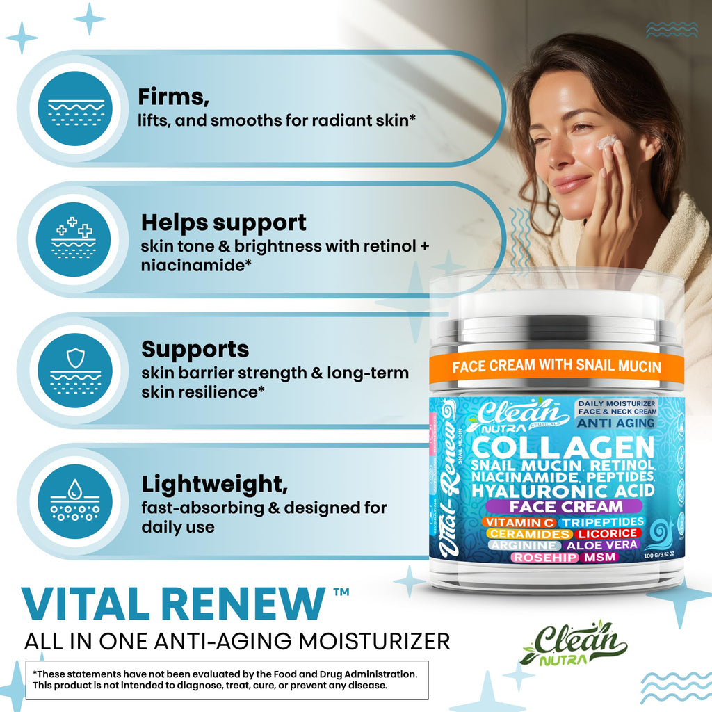 Vital Renew Snail Mucin Collagen Face Cream Daily Moisturizer Retinol Anti Aging Face Cream Niacinamide Peptides Hyaluronic Acid Vitamin C MSM Tripeptides Ceramides Licorice Arginine Aloe Vera