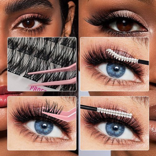 LEESKELASH DIY Wispy Lash Extension Kit, 10-16mm Cluster Eyelash Extensions Kit, D Curl Individual lash Clusters with Lash Bond and Seal, Lash Tweezers for Self Use (Style：Fairy)