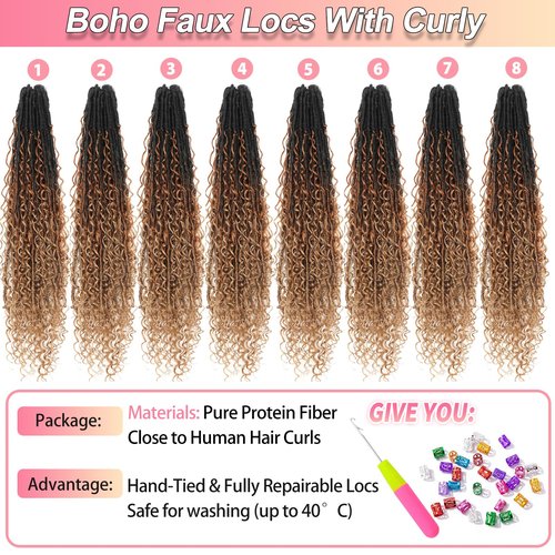 Boho Faux Locs Crochet Hair 18 Inch Goddess Locs 8 Packs Boho Soft Locs Crochet Hair with Curly Ends Pre-looped Long Bohemian River Locs for Black Women (OT30/27, 24 Inch(Pack of 8))