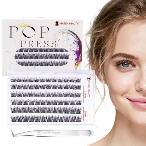 EHSZM BEAUTY POP PRESS 12-14mm Self-Adhesive Lash Clusters Kit, Natural-Curl, 1-Minute Pre-Glued Press-On, All-Day No-Fall, Thin Invisible Band, Natural Wispy Naked Makeup Look, Includes Tweezers